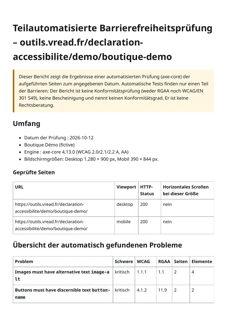 Erste Seite eines Beispielberichts: Übersicht der gefundenen Probleme nach Schweregrad